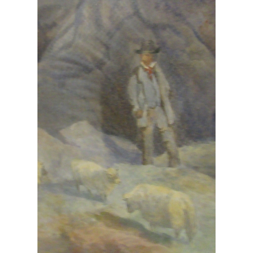 164 - E M Hewitt - a 19thC shoreline scene with sheep on a hillside in the foreground and mountains beyond... 