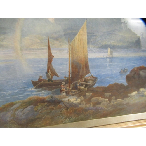 164 - E M Hewitt - a 19thC shoreline scene with sheep on a hillside in the foreground and mountains beyond... 