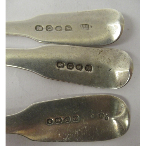 39 - A matched set of six 19thC silver fiddle pattern dessert spoons&nbsp; mixed marks&nbsp;