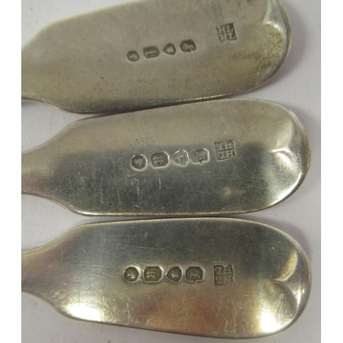 39 - A matched set of six 19thC silver fiddle pattern dessert spoons&nbsp; mixed marks&nbsp;