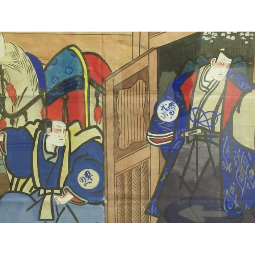 146 - An early 20thC Japanese Kabuki dance-drama theatre poster, featuring the characters in dramatic pose... 