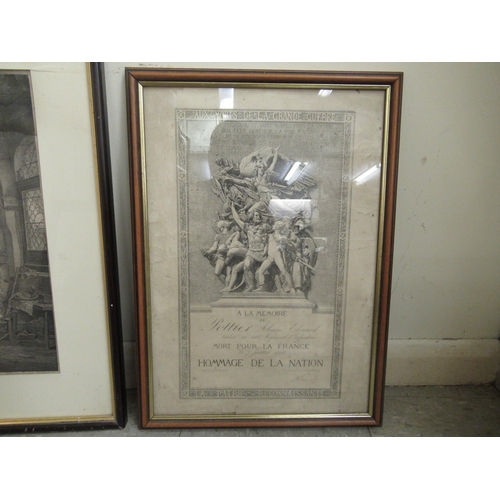 28 - Framed pictures: to include a 19thC monochrome engraving, an interior scene&nbsp; bearing text 'Nico... 