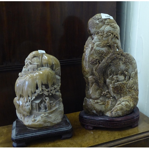 108 - Three Chinese carved soapstone sculptures: to include a mountain scene with figures  14