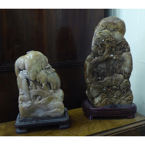 108 - Three Chinese carved soapstone sculptures: to include a mountain scene with figures  14