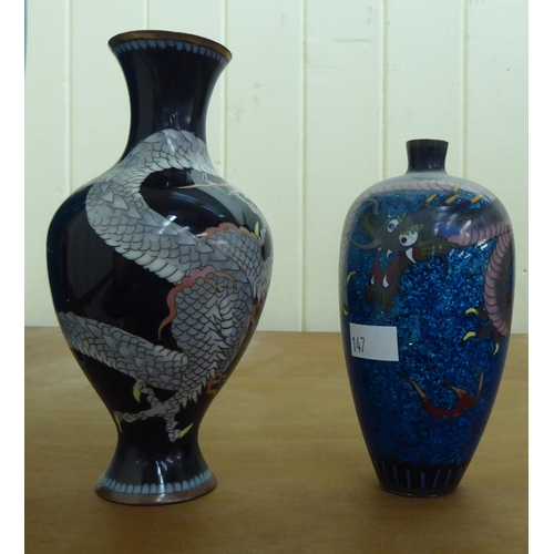 147 - Oriental enamel vases: to include a cloisonné example, decorated with a dragon  5