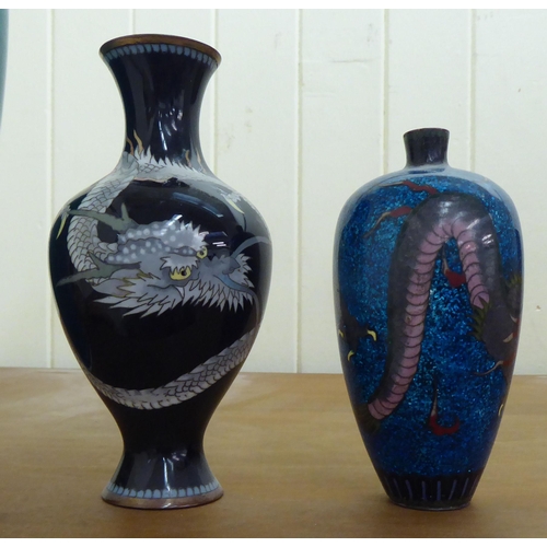 147 - Oriental enamel vases: to include a cloisonné example, decorated with a dragon  5