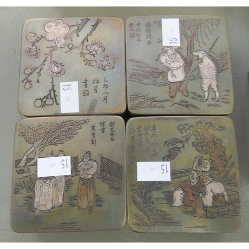 15 - Oriental cast metal and carved stone boxes: to include a white metal example with enamel panels   6