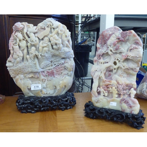 179 - Three Chinese carved soapstone sculptures: to include a mountainous landscape with figures  7