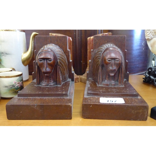 197 - Three pairs of bookends: to include two hardwood Native Americans  6