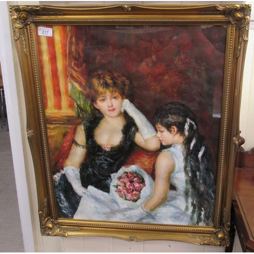 217 - Two similar modern interior family portrait scenes  oil on canvas  23