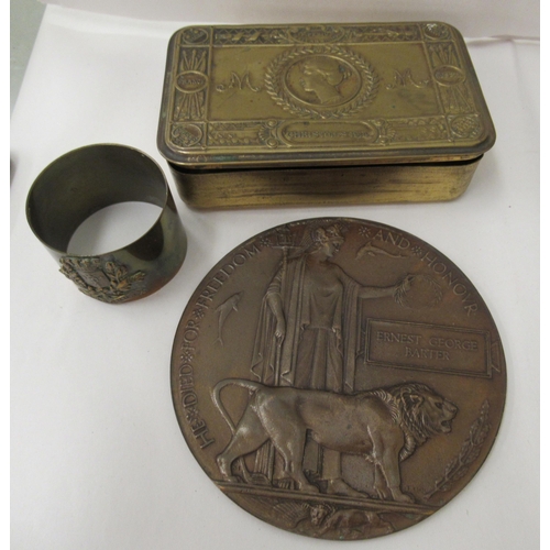 240 - Militaria: to include a Great War bronze death plaques, for one Ernest George Barker(Please Note: th... 