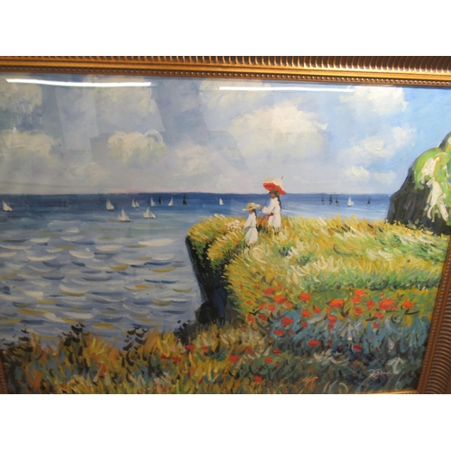 254 - R Beaufort - a clifftop scene with two young women watching a regatta  oil on canvas  bears a signat... 