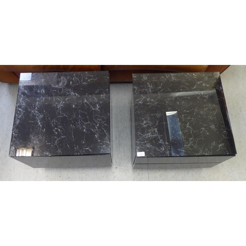 255 - A pair of modern textured black lacquered, two drawer side tables with mottled faux marble glazed to... 