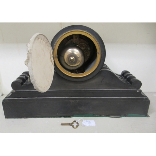 287 - A late 19thC French black slate and mottled green marble cased mantel clock of drum design, on a scr... 