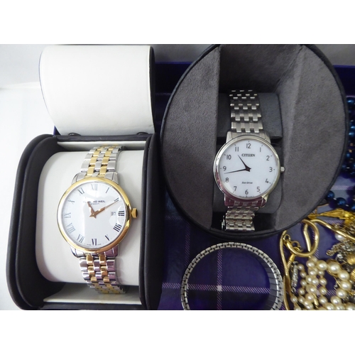 302 - Items of personal ornament: to include simulated pearls; and a Raymond Weil wristwatch