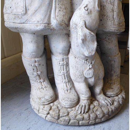 346 - A composition stone group, a young boy and girl with a dachshund  28