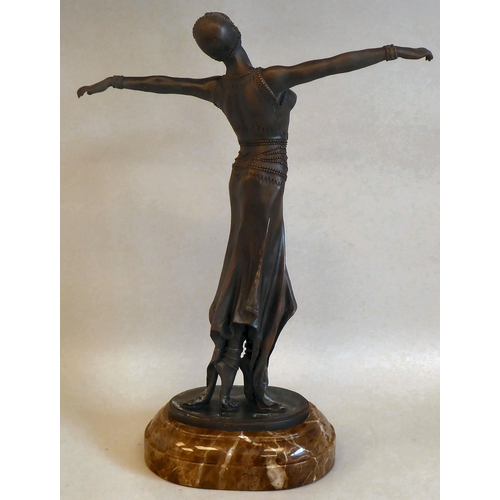 37 - A modern Art Deco style patinated bronzed metal figure, a female dancer, on a marble plinth  15... 