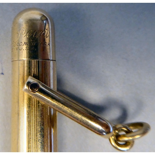 59 - A Fyne Poynt US made gold coloured metal cased propelling pencil, on a pendant ring  stamped 15ct; a... 