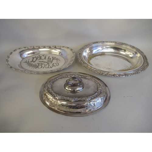 62 - Silver plated tableware: to include a three piece tea set; and an oval bread basket  12