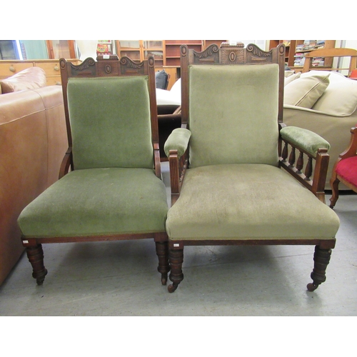 88 - A late Victorian mahogany framed gentleman's arm chair, upholstered in braided sage green dralon wit... 