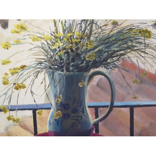 183 - 20thC British School - 'Jug of Flowers on a Balcony'  oil on canvas  21