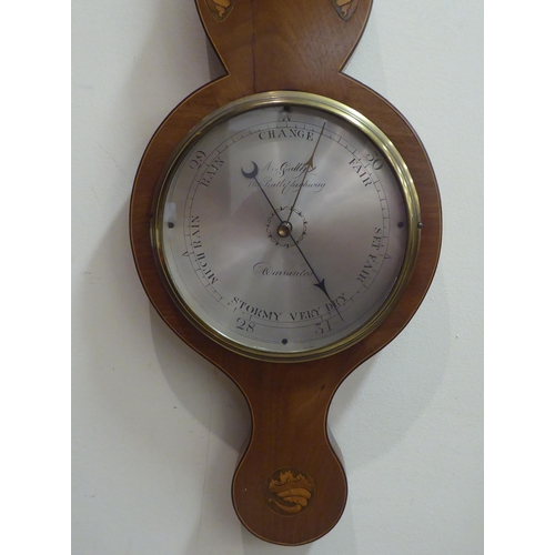 186 - A 19thC string inlaid mahogany and marquetry cased wheel barometer, incorporating a thermometer with... 