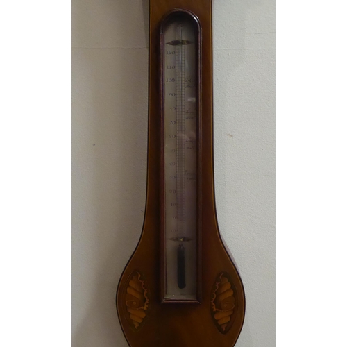 186 - A 19thC string inlaid mahogany and marquetry cased wheel barometer, incorporating a thermometer with... 