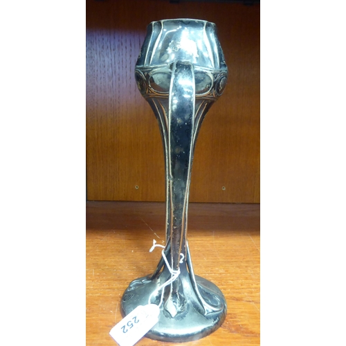 252 - An Art Nouveau period English pewter twin handled, freeform, pedestal vase   stamped 029  11