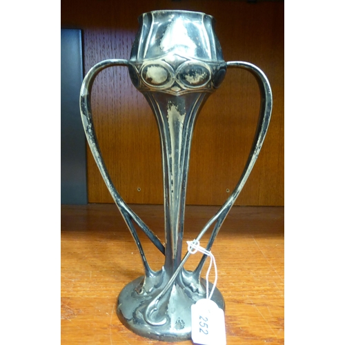 252 - An Art Nouveau period English pewter twin handled, freeform, pedestal vase   stamped 029  11