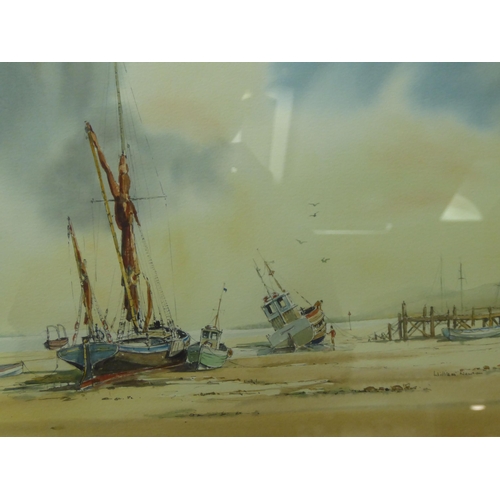 344 - William Newton - a shoreline scene with fishing boats at low tide  pen & watercolour  ... 