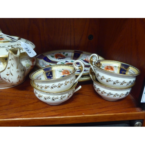 353 - 19thC English porcelain teaware, decorated in a version of the Imari palette with gilt banding