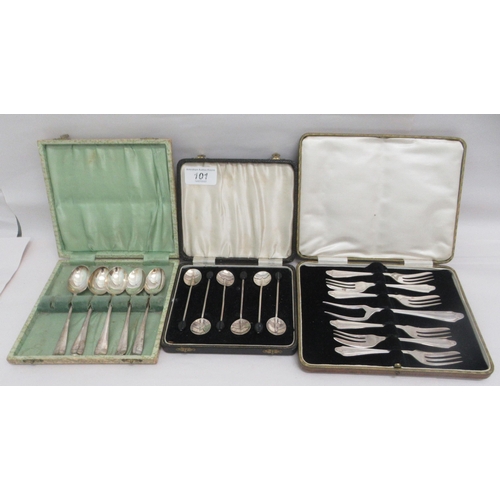 101 - Silver and silver plated tableware: to include a set of six bean terminal coffee spoons  Birmingham ... 