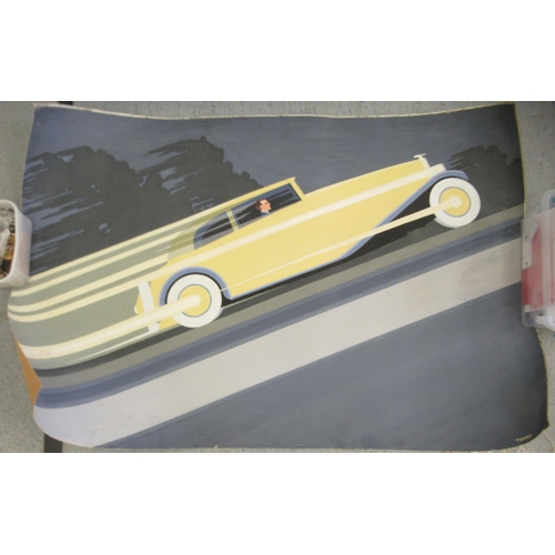 106 - A study of a 1930s Shell Oil advertising sign, a motorcar&nbsp; watercolour&nbsp; bears a signature ... 