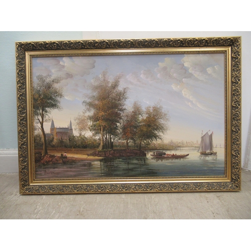 108 - Baillie - a European shoreline scene with a Cathedral in the background&nbsp; oil on canvas&nbsp; be... 