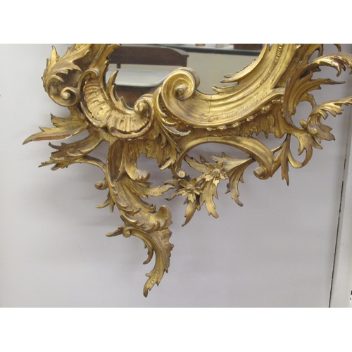 190 - A late 18th/early 19thC mirror, set in a carved giltwood, foliate scrolled and floral, rococo style ... 