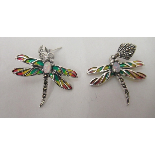 195 - A pair of silver coloured metal plique-a-jour dragonfly pendant earrings&nbsp;
