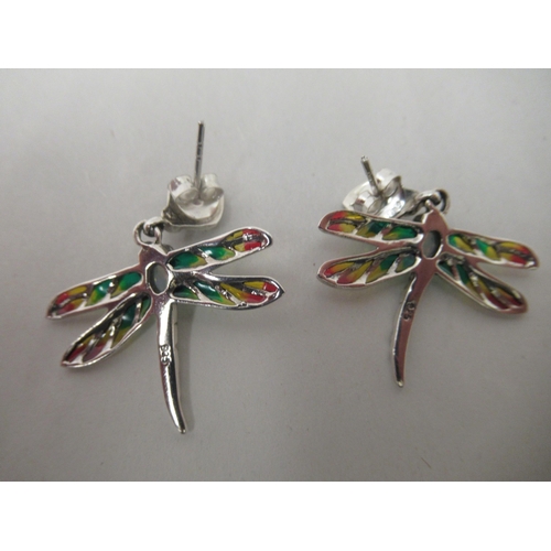 195 - A pair of silver coloured metal plique-a-jour dragonfly pendant earrings&nbsp;