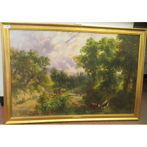 210 - In the manner of Edward O'Bowley - cattle grazing in a mountainous and wooded riverscape  oil on can... 