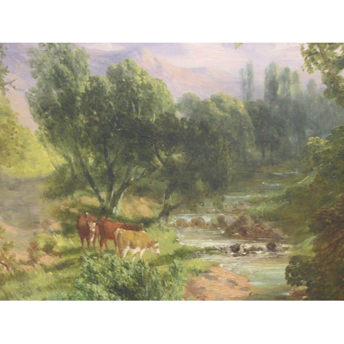 210 - In the manner of Edward O'Bowley - cattle grazing in a mountainous and wooded riverscape  oil on can... 