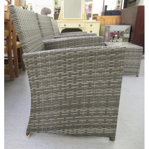 214 - A four piece grey coloured rattan terrace furniture set  comprising a two person settee, two arm cha... 