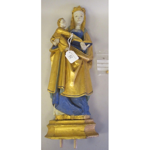 238 - A 17th/18thC carved limewood religious flatback niche figure, the Virgin Mary and Baby Jesus, decora... 