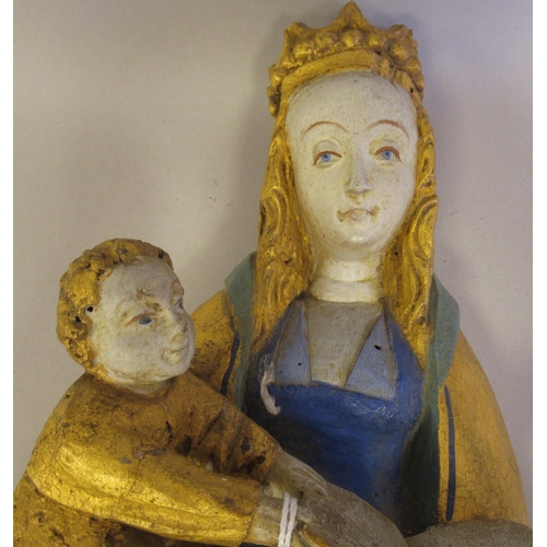 238 - A 17th/18thC carved limewood religious flatback niche figure, the Virgin Mary and Baby Jesus, decora... 