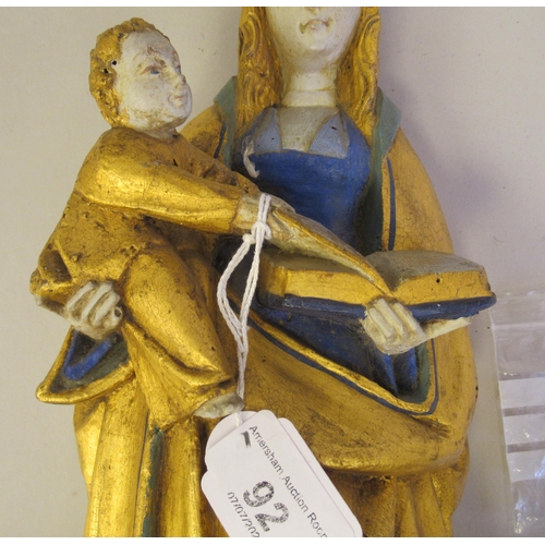 238 - A 17th/18thC carved limewood religious flatback niche figure, the Virgin Mary and Baby Jesus, decora... 