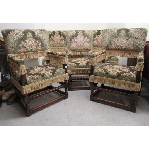 239 - A set of six Farthingale Carolean style oak framed dining chairs with high, square backs, upholstere... 