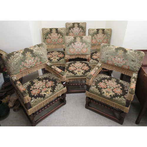 239 - A set of six Farthingale Carolean style oak framed dining chairs with high, square backs, upholstere... 