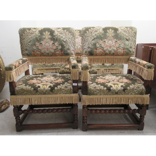 239 - A set of six Farthingale Carolean style oak framed dining chairs with high, square backs, upholstere... 