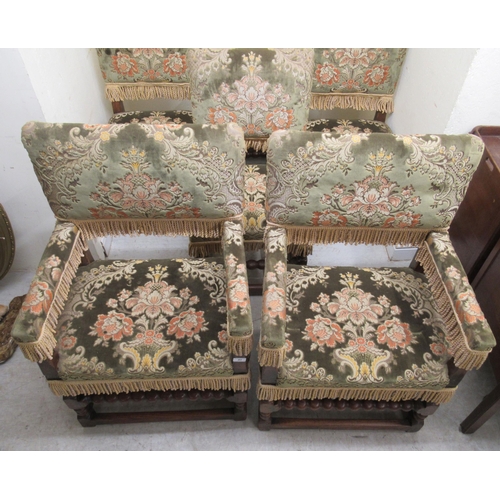 239 - A set of six Farthingale Carolean style oak framed dining chairs with high, square backs, upholstere... 