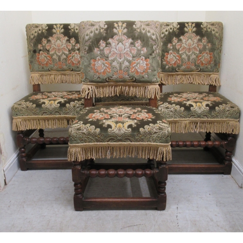 239 - A set of six Farthingale Carolean style oak framed dining chairs with high, square backs, upholstere... 