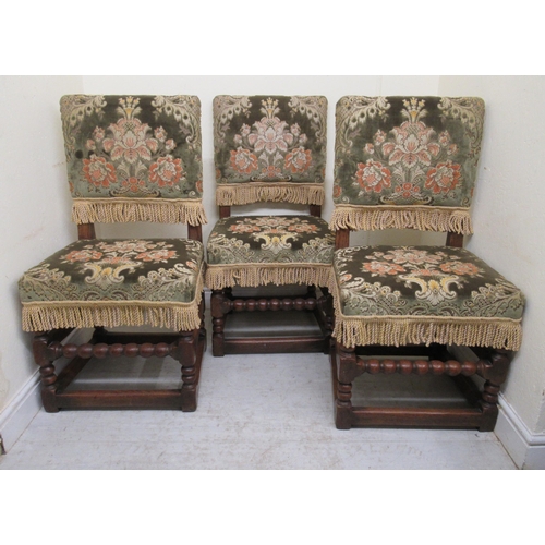 239 - A set of six Farthingale Carolean style oak framed dining chairs with high, square backs, upholstere... 