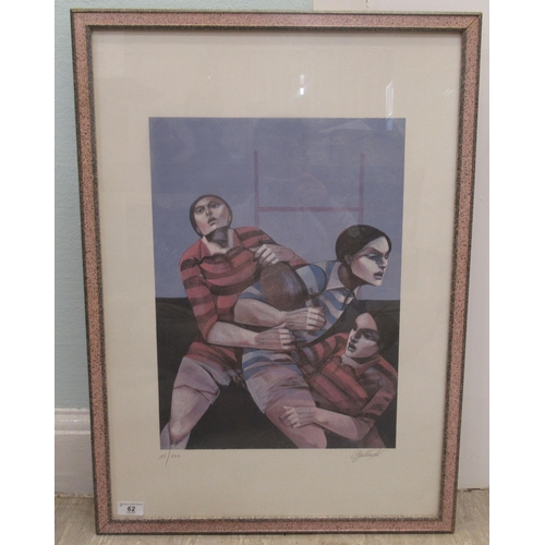 62 - Modern Italian School - three female rugby players  Limited Edition 16/120 coloured print  bears an ... 